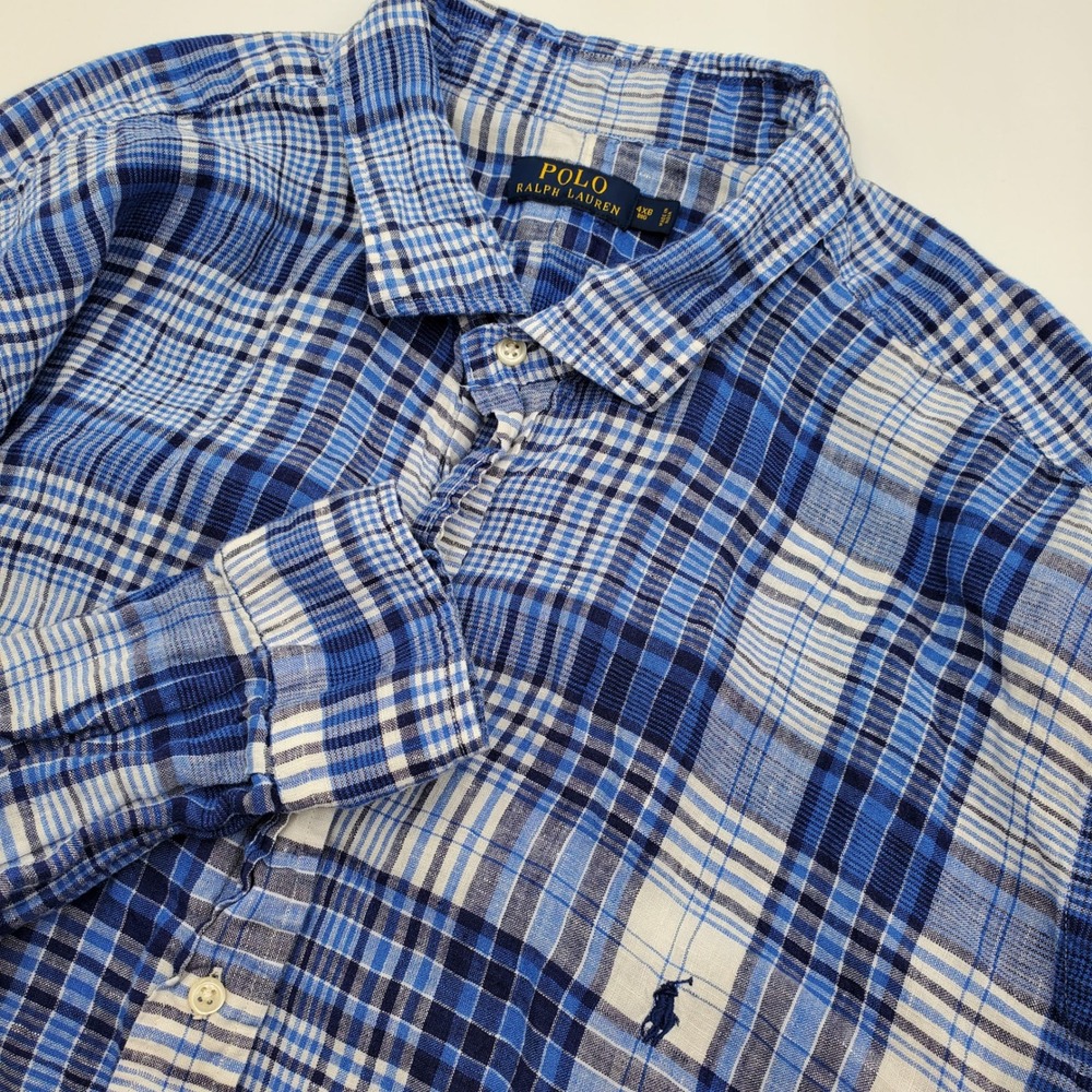 Polo Ralph Lauren Men 4XB Big Blue White Plaid 100% Linen Button Down Shirt